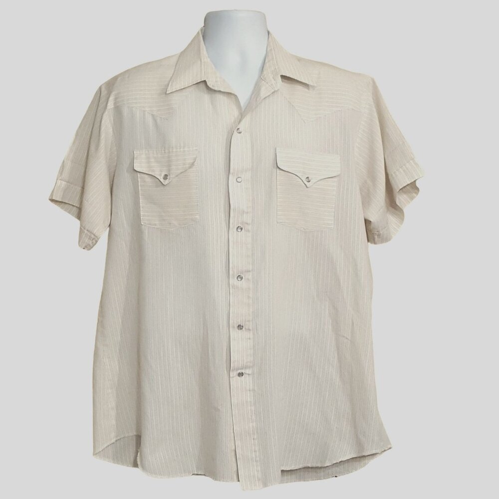 Panhandle Slim Vintage Mens Short Sleeve Shirt Size 17 Pearl Snap Beige W/ Brown